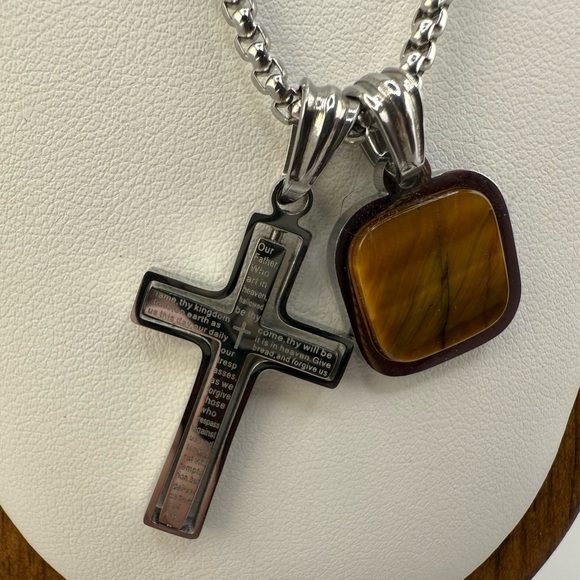 Anthony Jacob’s Stainless Steel Necklace With Cross And Square Tiger Eye Stone - Picture 4 of 11